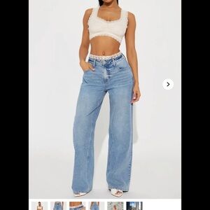 Cream Lace Crop Top and Light Blue Jeans